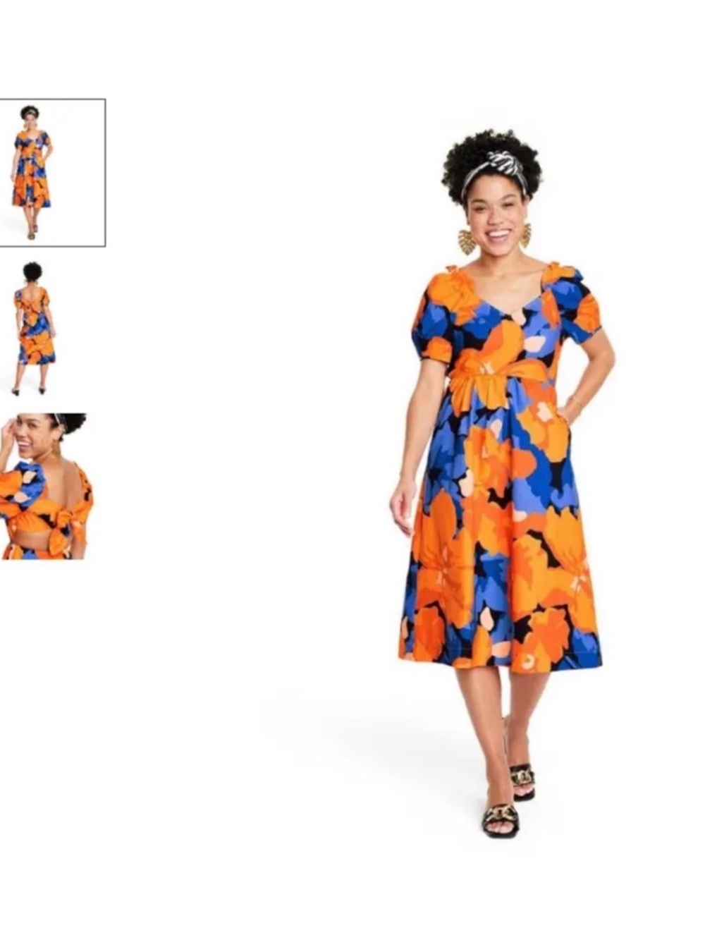 Floral Wrap Midi Dress in Orange and Blue